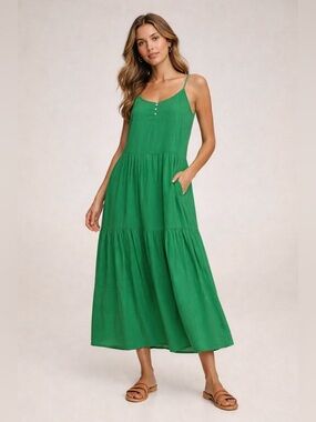 Mango Emerald Green Spaghetti-Strap Tiered Maxi Dress